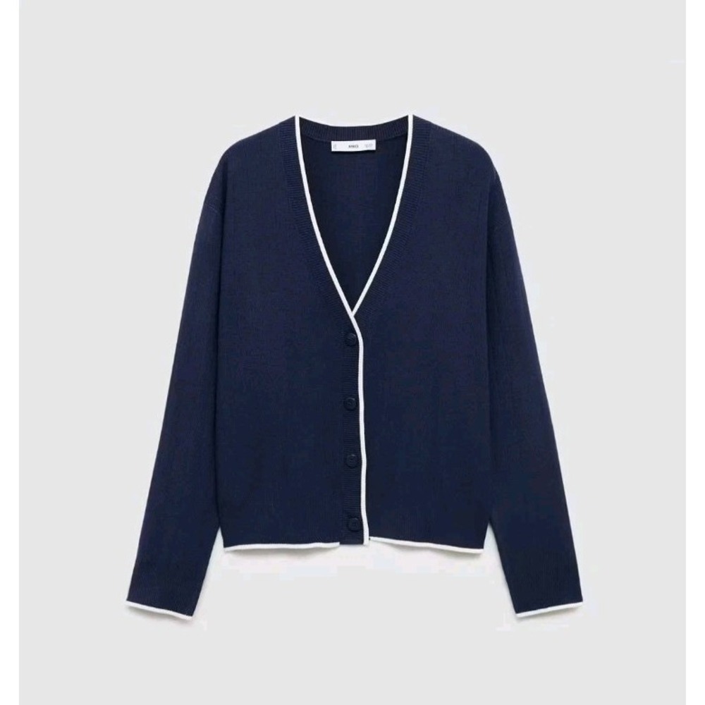 Mango MNG Navy White Contrast Preppy Old Money Classic Nautical Cardigan‎ Size L